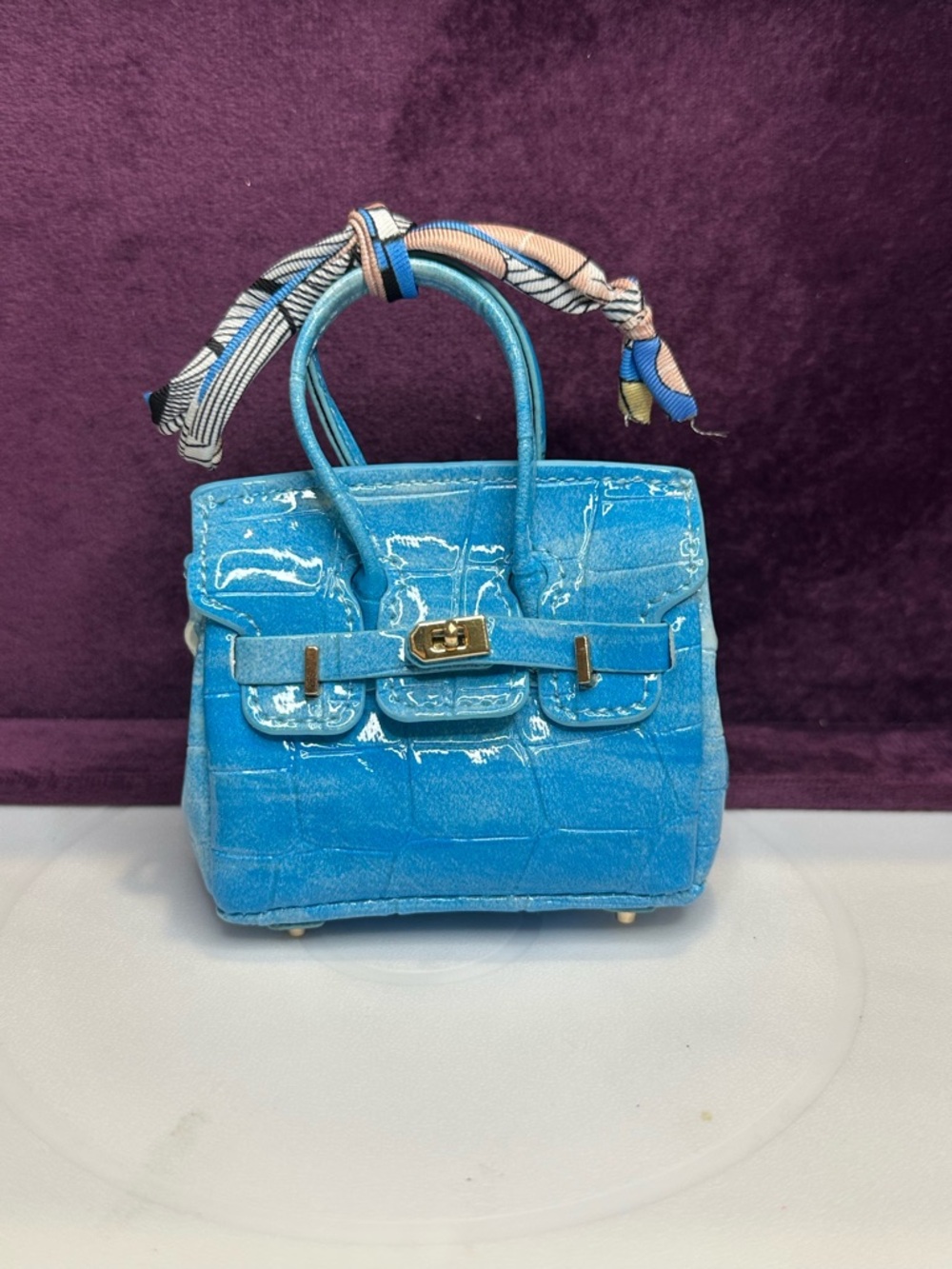 Mini Blue Croc Embossed Structured Tote Bag Gold Hardware With Scarf